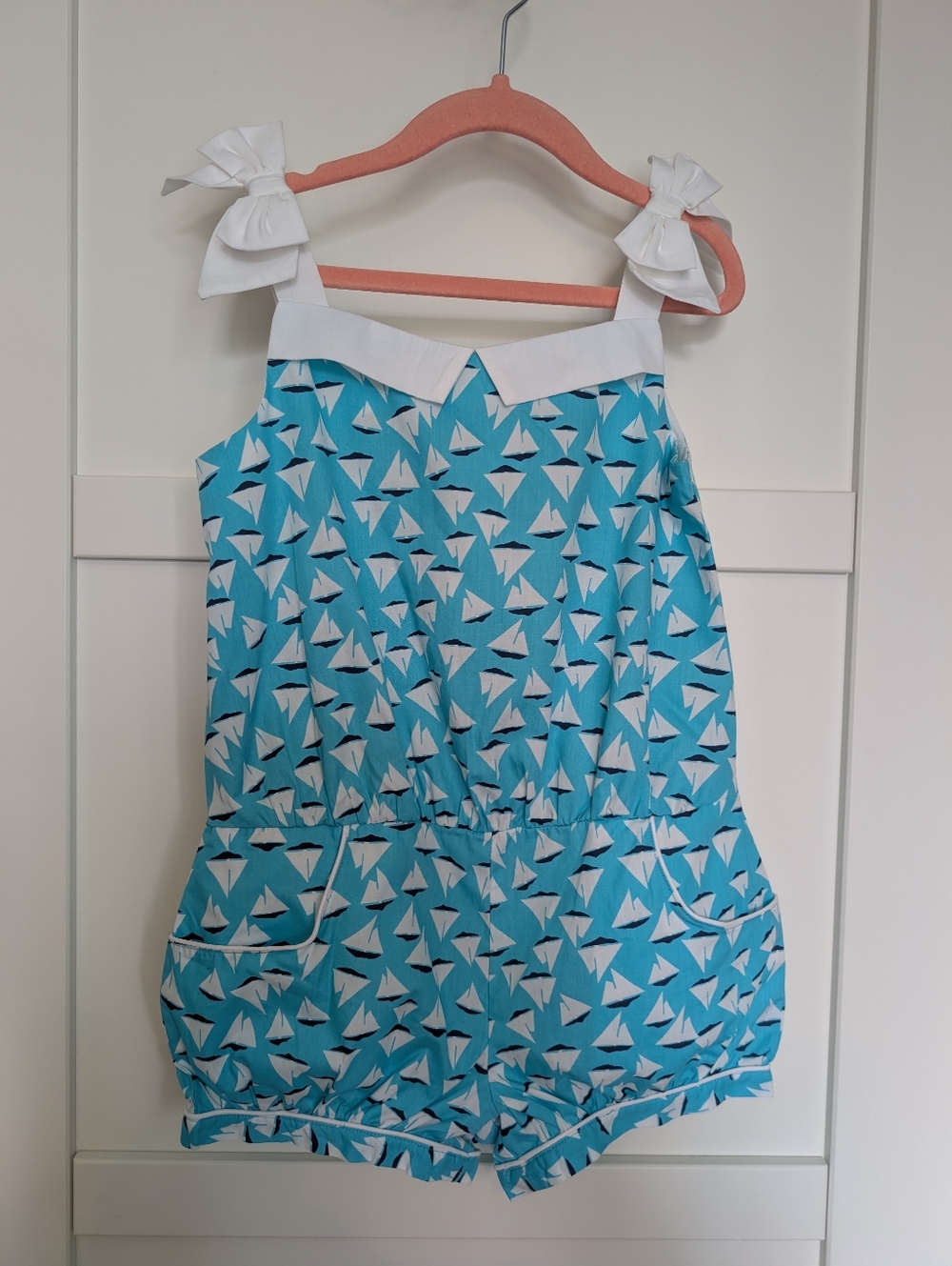 Janie and Jack Turquoise Blue Sailboat Print Tie-Shoulder Romper